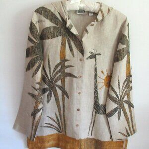 Chico's Design beige giraffe tropical hooded long slv button front tunic *Sz 1(M